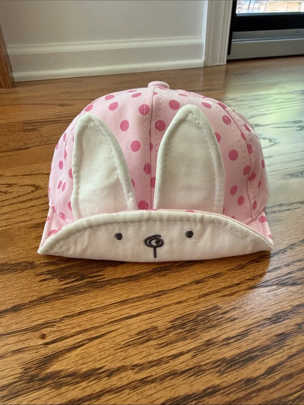 Baby Pink Polka Dot Cap with White Bunny Ears, 6-24M